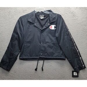 Champion Crop Windbreaker Jacket Women M Black Mesh Lined Lightweight Snap Front